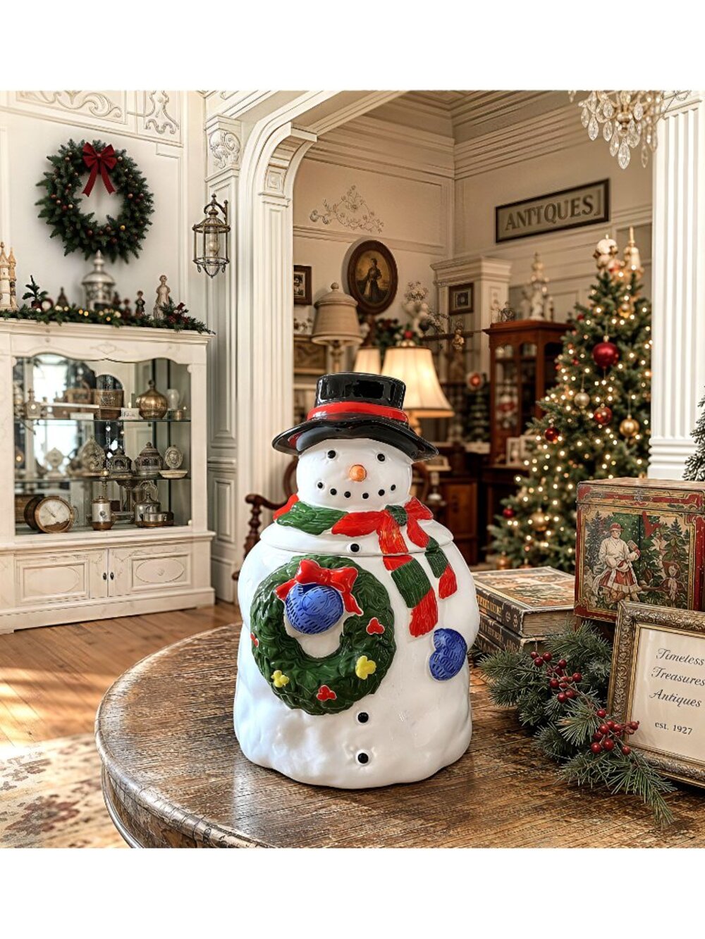 Large Ceramic Snowman Christmas Cookie Jar Wreath Top Hat 11.25" Holiday Decor
